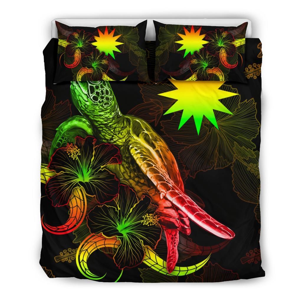 Nauru Polynesian Bedding Set - Turtle With Blooming Hibiscus Reggae