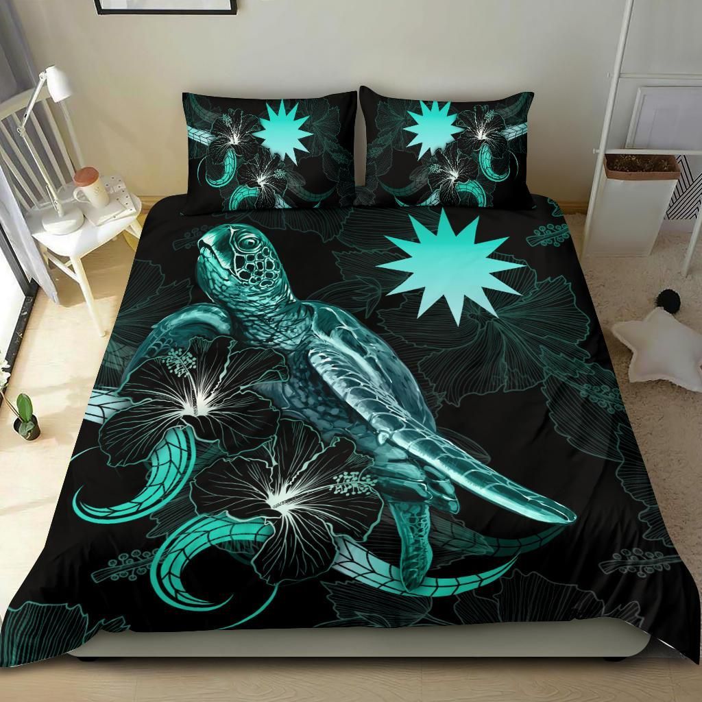 Nauru Polynesian Bedding Set - Turtle With Blooming Hibiscus Turquoise