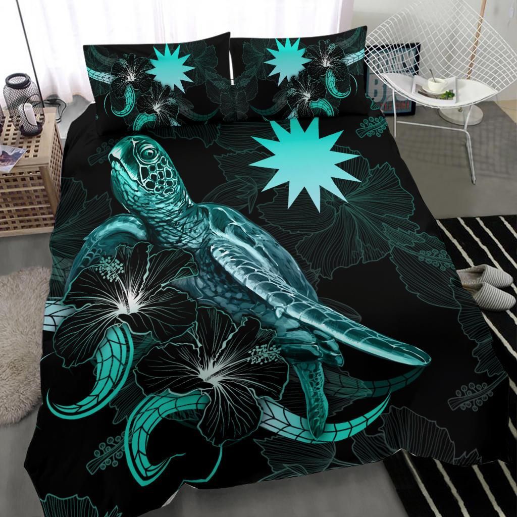 Nauru Polynesian Bedding Set - Turtle With Blooming Hibiscus Turquoise