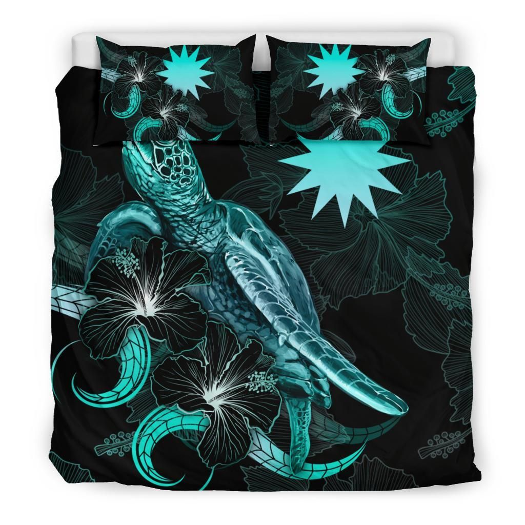 Nauru Polynesian Bedding Set - Turtle With Blooming Hibiscus Turquoise