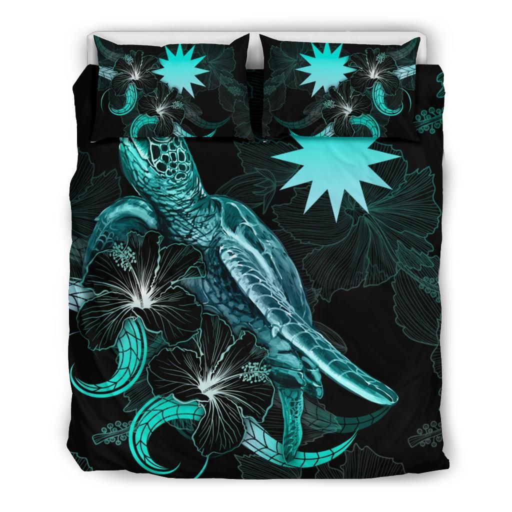 Nauru Polynesian Bedding Set - Turtle With Blooming Hibiscus Turquoise