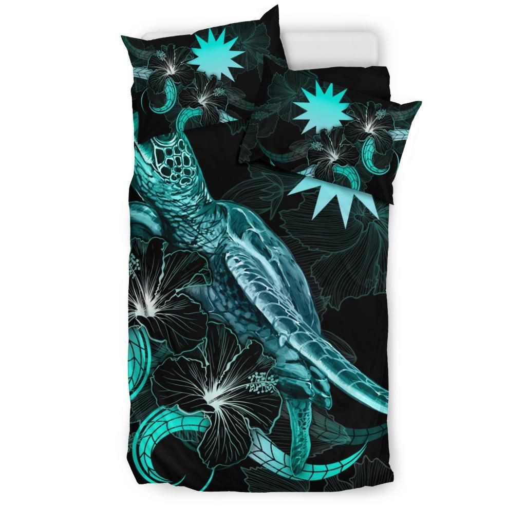 Nauru Polynesian Bedding Set - Turtle With Blooming Hibiscus Turquoise