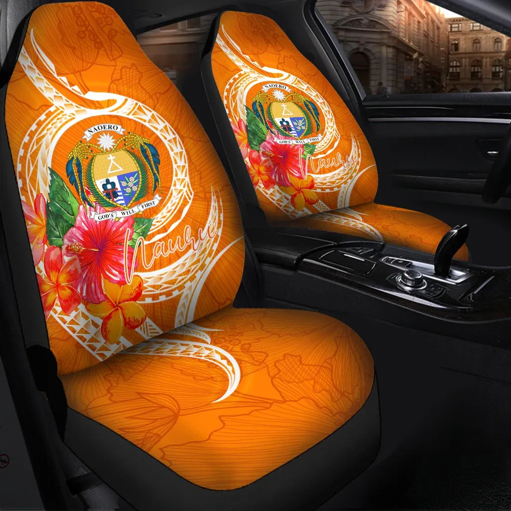 Nauru Polynesian Car Seat Covers - Orange Floral With Seal