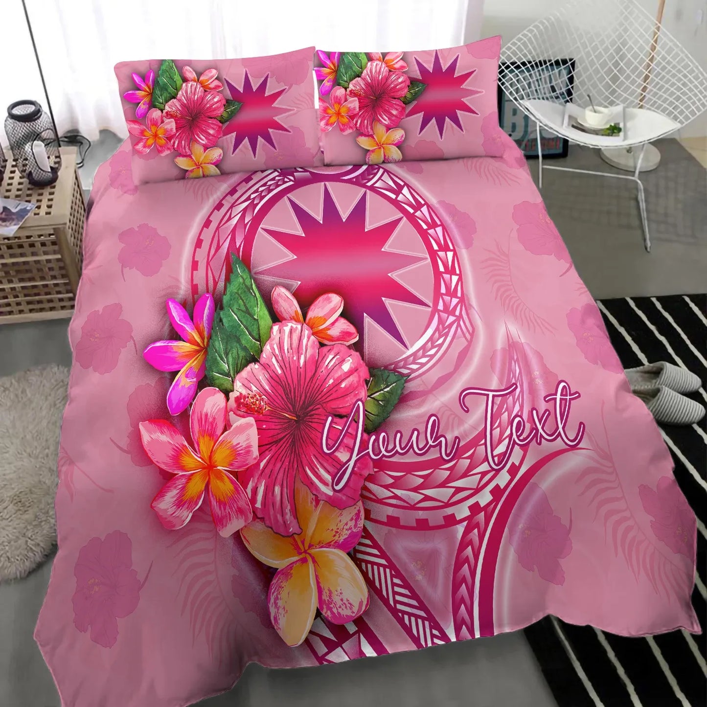 Nauru Polynesian Custom Personalised Bedding Set - Floral With Seal Pink