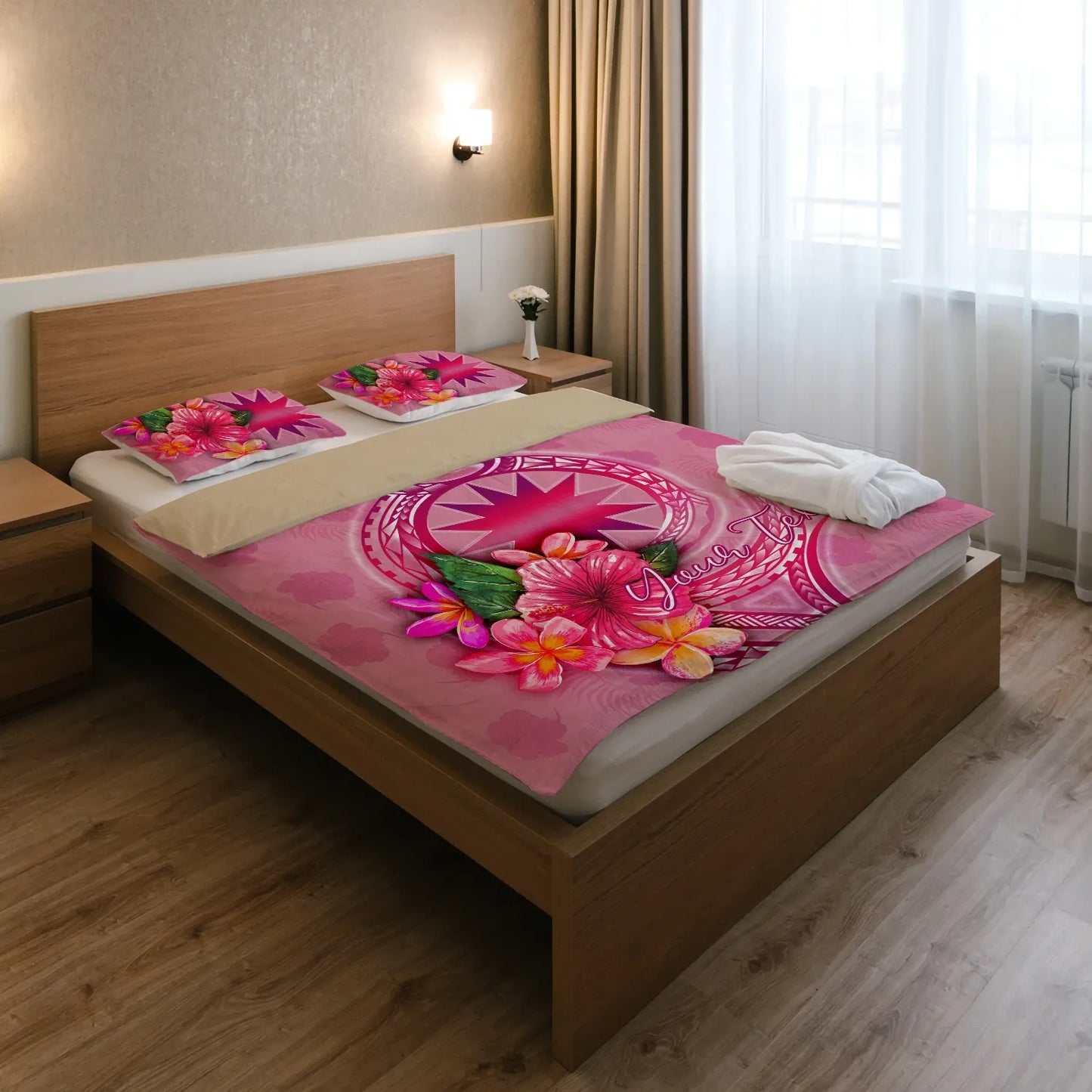 Nauru Polynesian Custom Personalised Bedding Set - Floral With Seal Pink