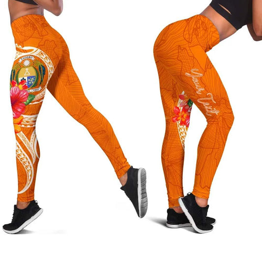 Nauru Polynesian Custom Personalised Legging - Orange Floral With Seal