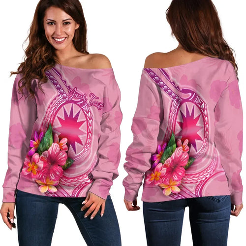 Nauru Polynesian Custom Personalised Women Off Shoulder Sweater - Floral With Seal Pink