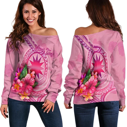 Nauru Polynesian Custom Personalised Women Off Shoulder Sweater - Floral With Seal Pink