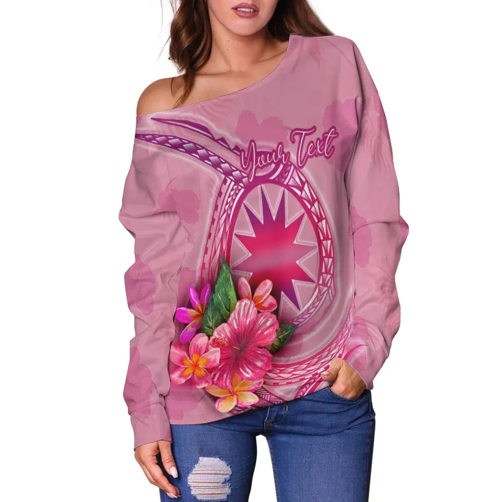 Nauru Polynesian Custom Personalised Women Off Shoulder Sweater - Floral With Seal Pink