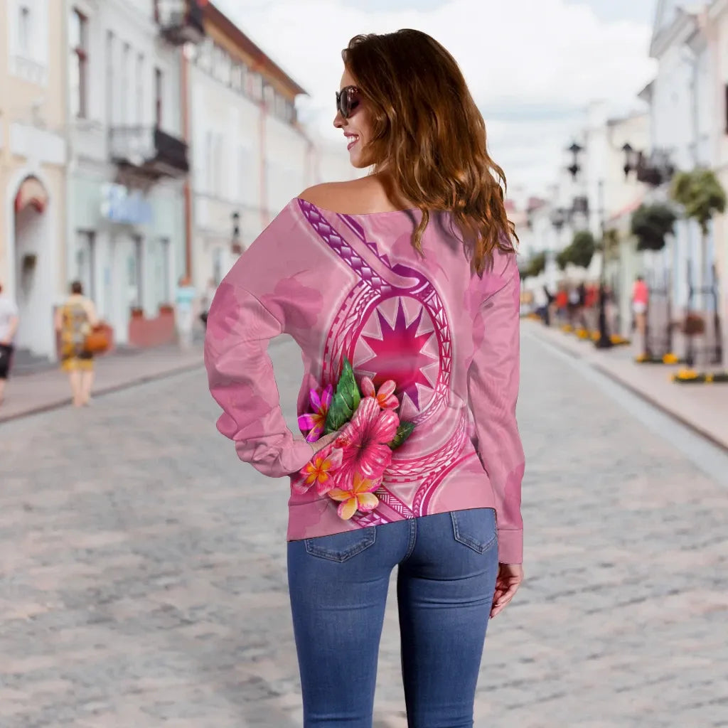 Nauru Polynesian Custom Personalised Women Off Shoulder Sweater - Floral With Seal Pink
