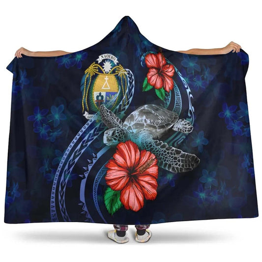 Nauru Polynesian Hooded Blanket - Blue Turtle Hibiscus