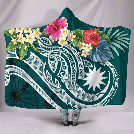 Nauru Polynesian Hooded Blanket - Summer Plumeria (Turquoise)