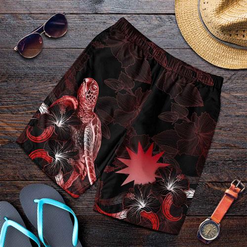 Nauru Polynesian Men Shorts - Turtle With Blooming Hibiscus Red