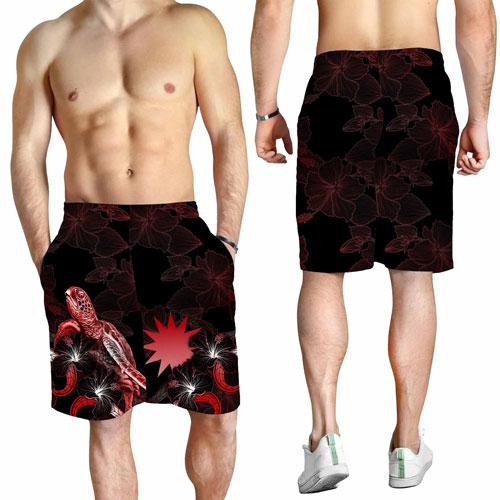 Nauru Polynesian Men Shorts - Turtle With Blooming Hibiscus Red