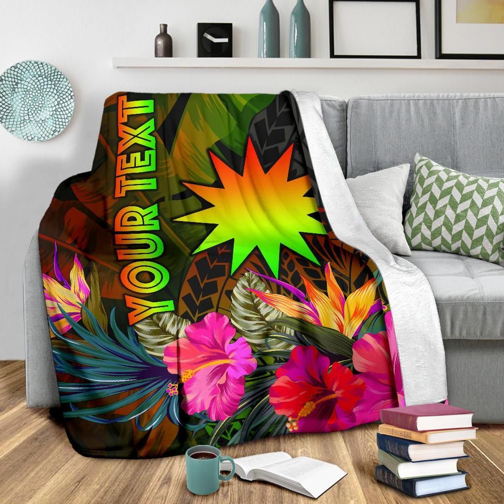 Nauru Polynesian Personalised Premium Blanket -  Hibiscus and Banana Leaves