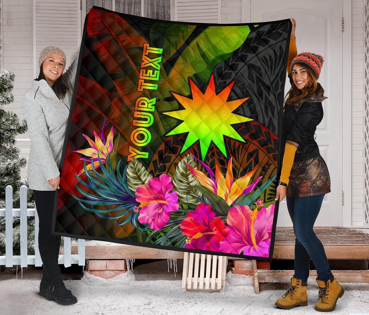 Nauru Polynesian Personalised Premium Quilt -  Hibiscus and Banana Leaves