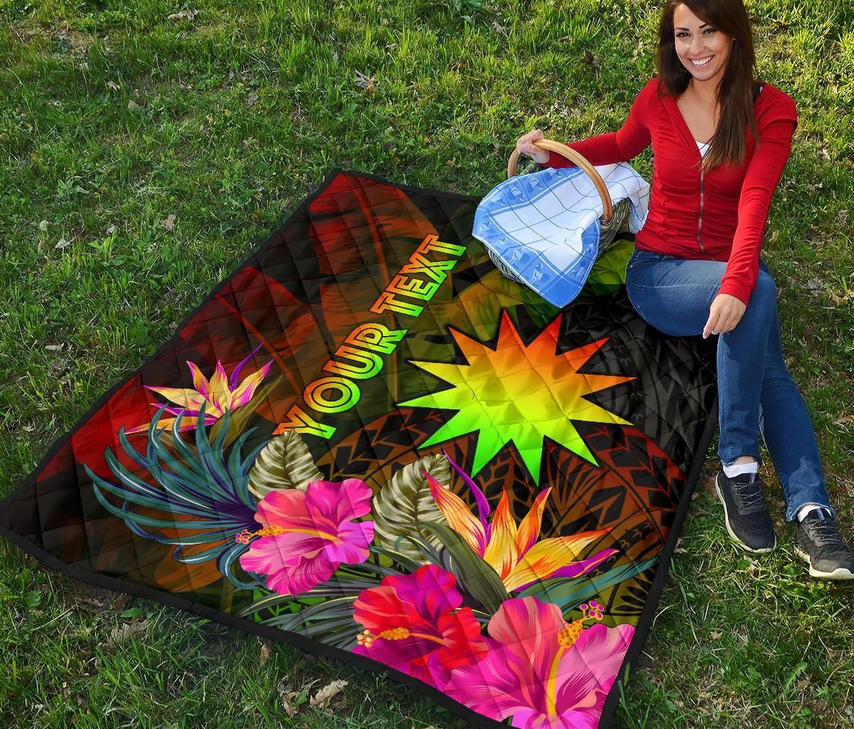 Nauru Polynesian Personalised Premium Quilt -  Hibiscus and Banana Leaves