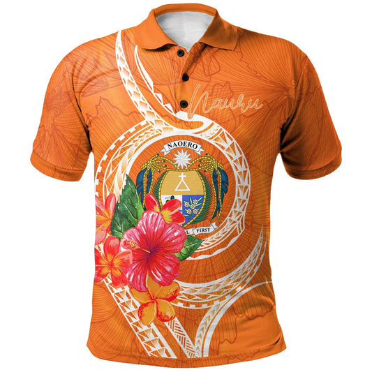 Nauru Polynesian Polo Shirt - Orange Floral With Seal