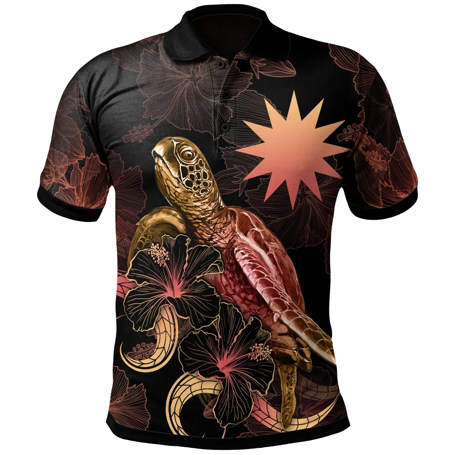 Nauru Polynesian Polo Shirt - Turtle With Blooming Hibiscus Gold