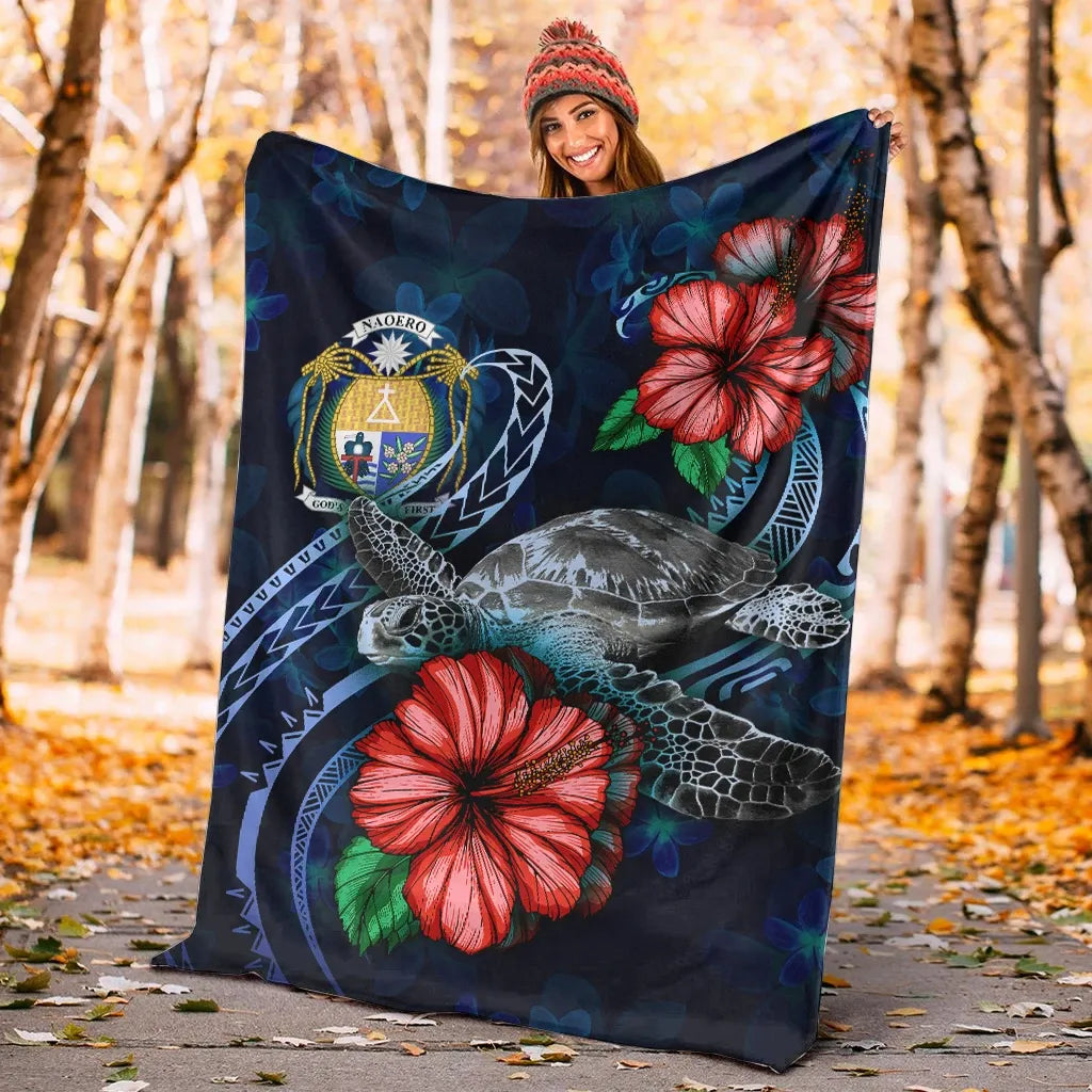 Nauru Polynesian Premium Blanket - Blue Turtle Hibiscus