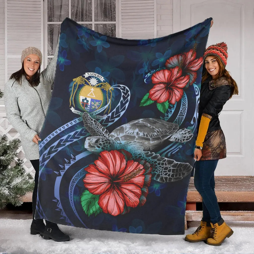 Nauru Polynesian Premium Blanket - Blue Turtle Hibiscus