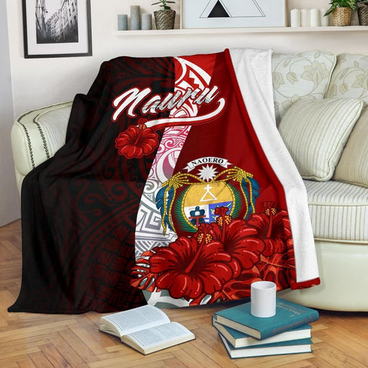 Nauru Polynesian Premium Blanket - Coat Of Arm With Hibiscus