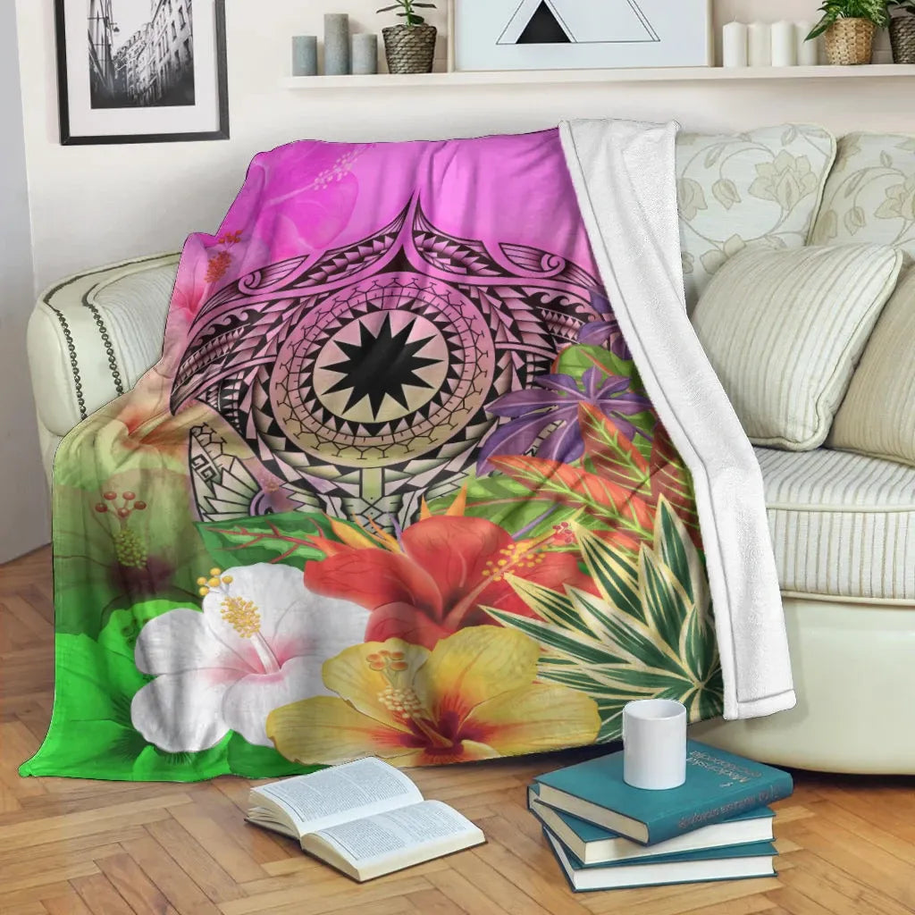 Nauru Polynesian Premium Blanket - Manta Ray Tropical Flowers