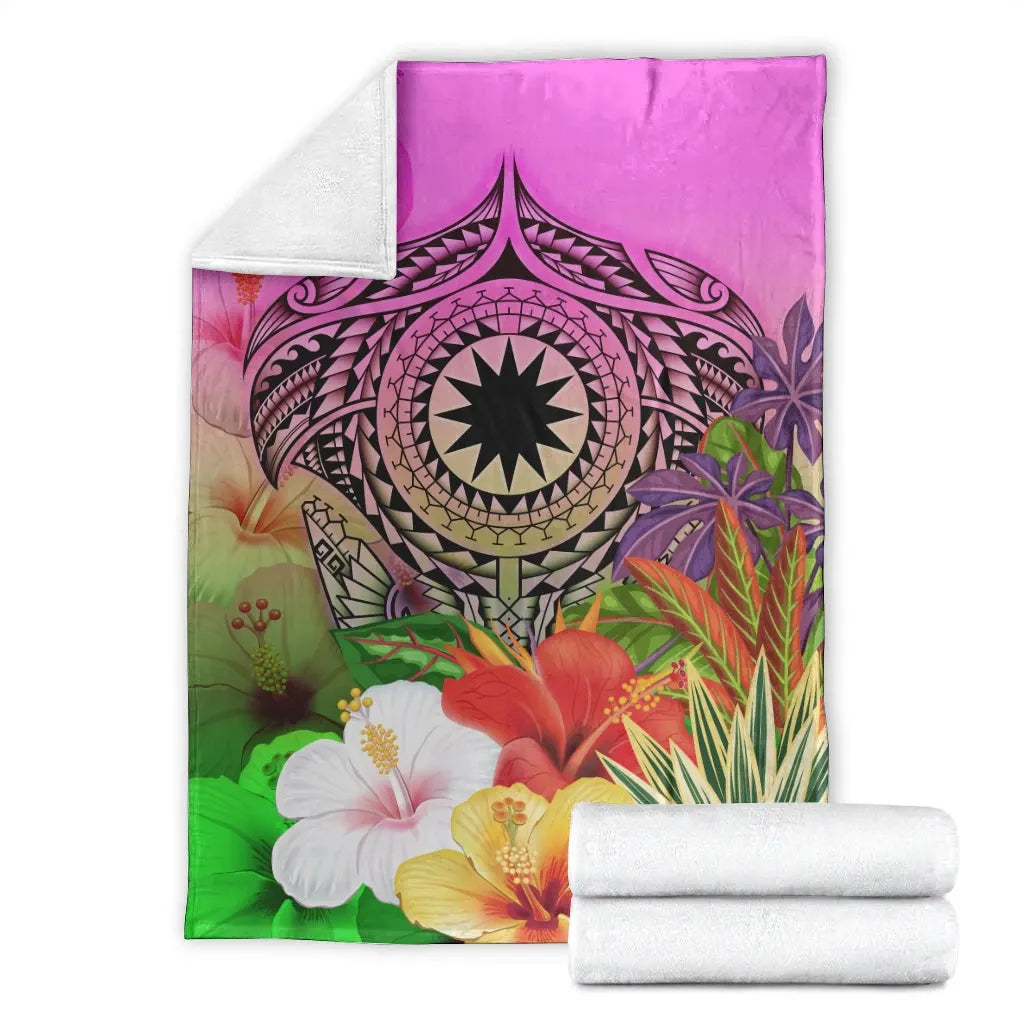Nauru Polynesian Premium Blanket - Manta Ray Tropical Flowers
