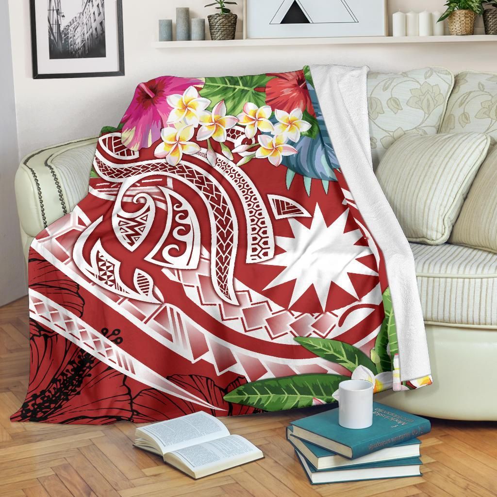 Nauru Polynesian Premium Blanket - Summer Plumeria (Red)