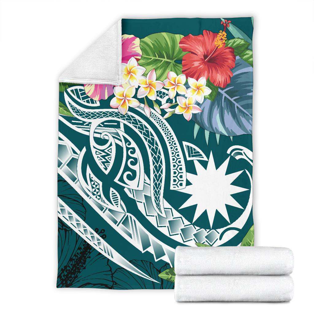 Nauru Polynesian Premium Blanket - Summer Plumeria (Turquoise)
