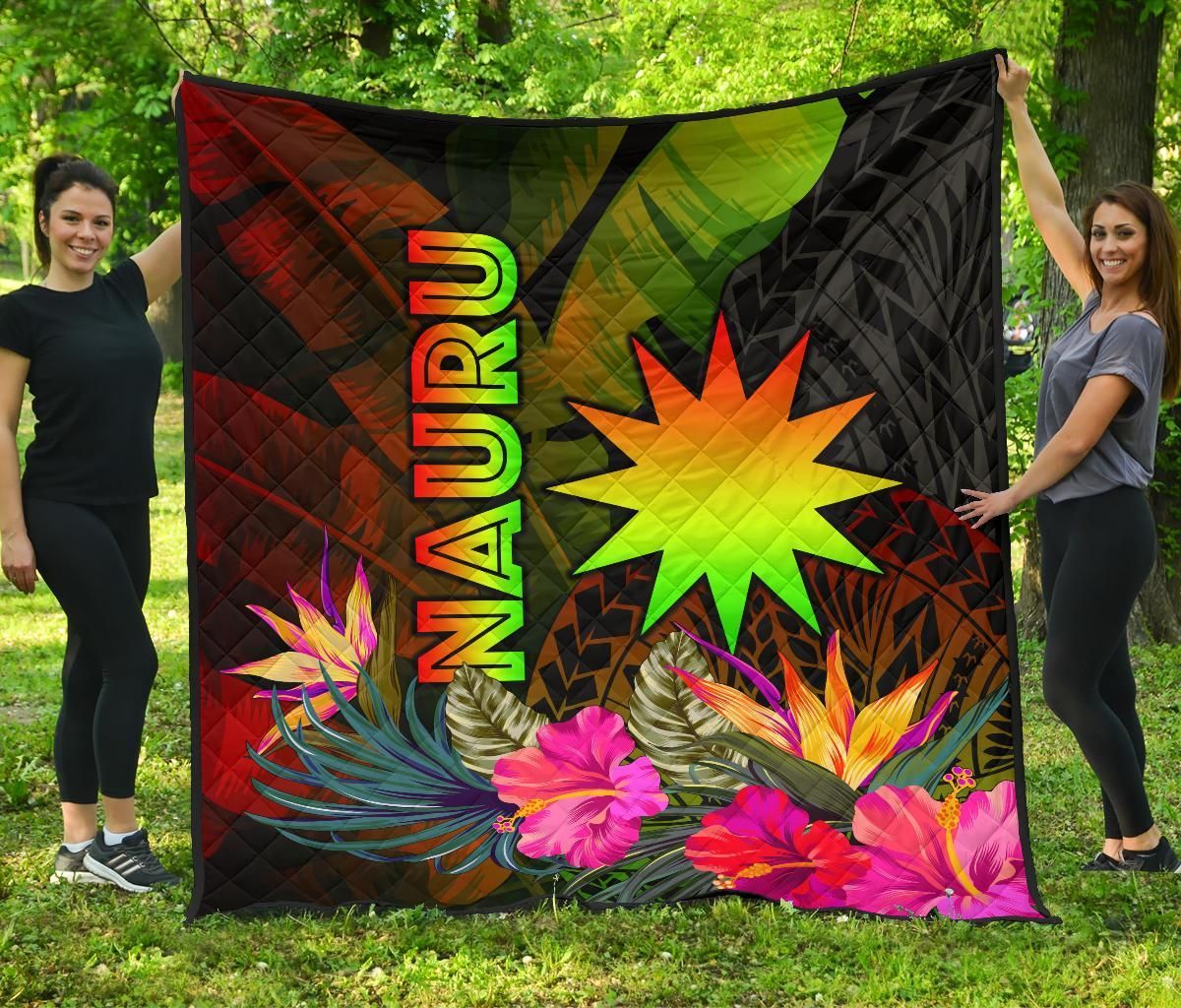 Nauru Polynesian Premium Quilt -  Hibiscus and Banana Leaves