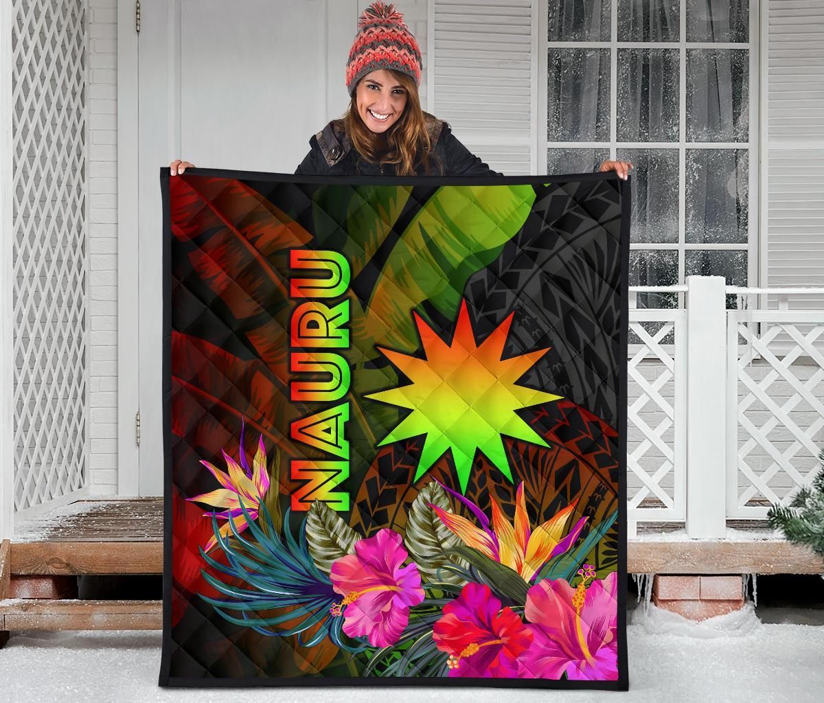 Nauru Polynesian Premium Quilt -  Hibiscus and Banana Leaves