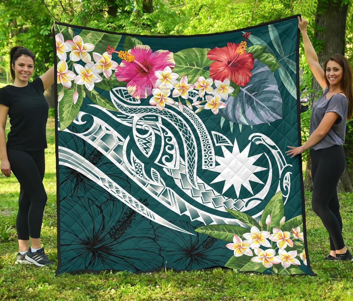 Nauru Polynesian Premium Quilt - Summer Plumeria (Turquoise)
