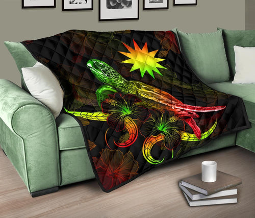 Nauru Polynesian Premium Quilt - Turtle With Blooming Hibiscus Reggae