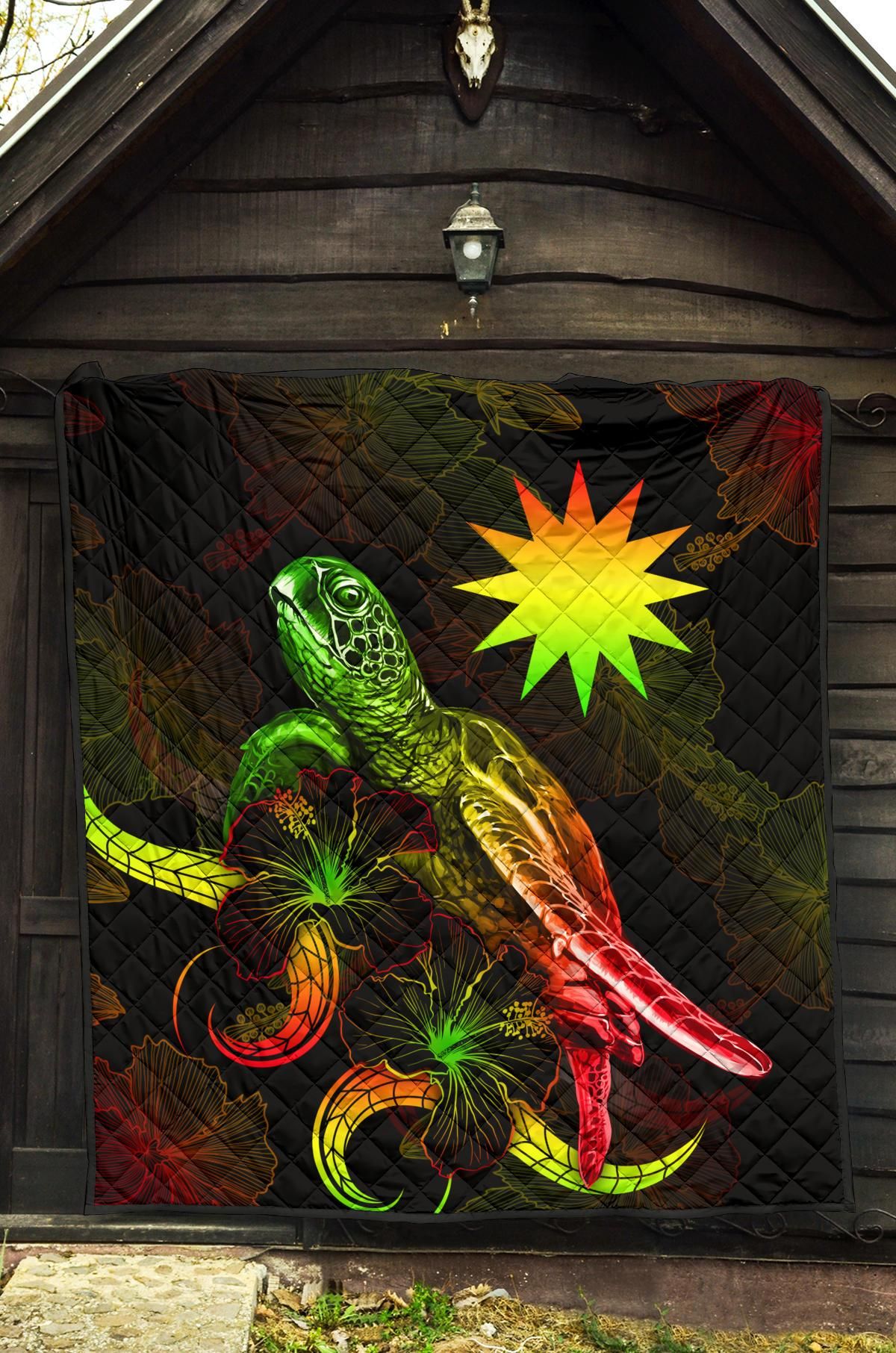 Nauru Polynesian Premium Quilt - Turtle With Blooming Hibiscus Reggae