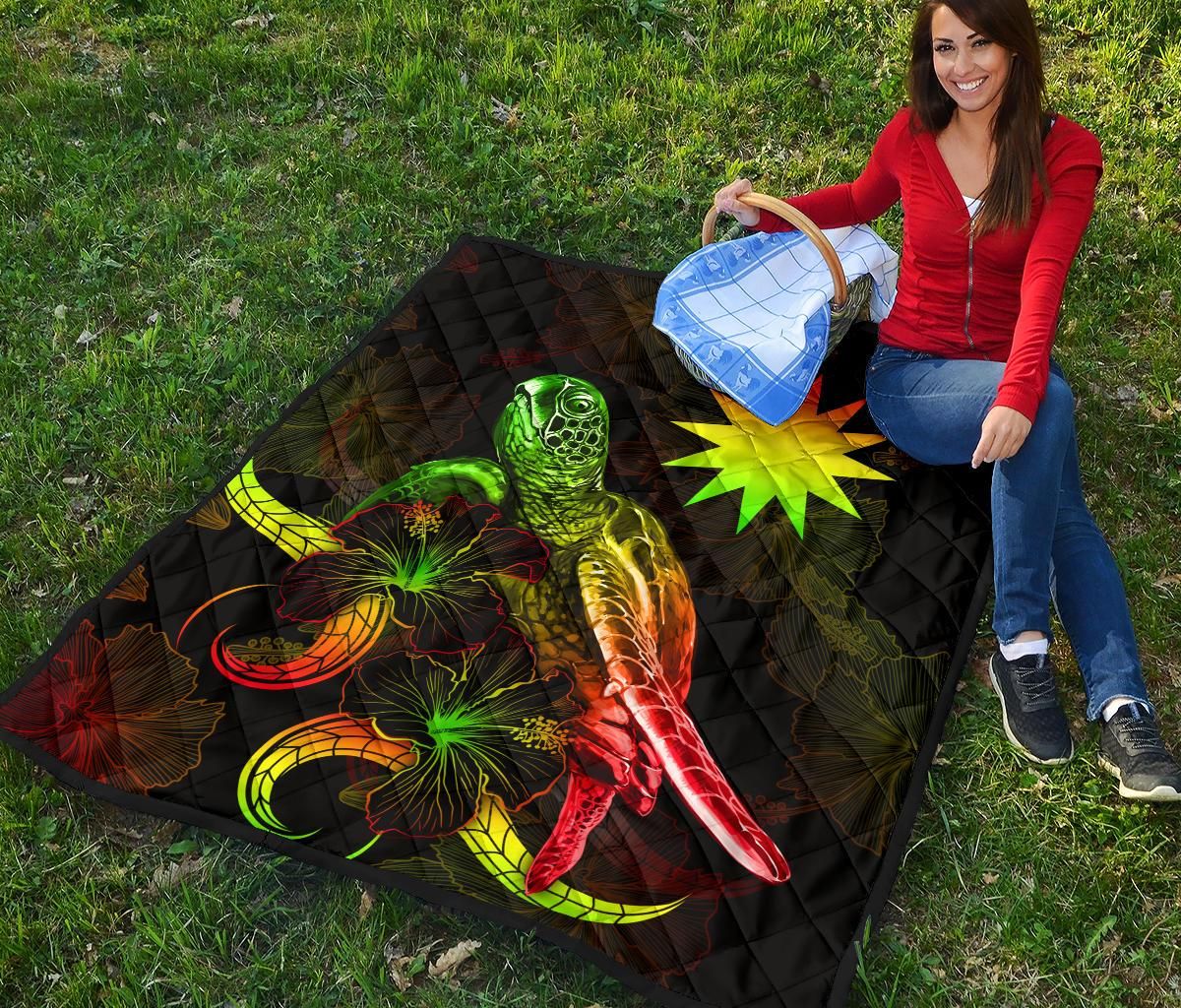 Nauru Polynesian Premium Quilt - Turtle With Blooming Hibiscus Reggae