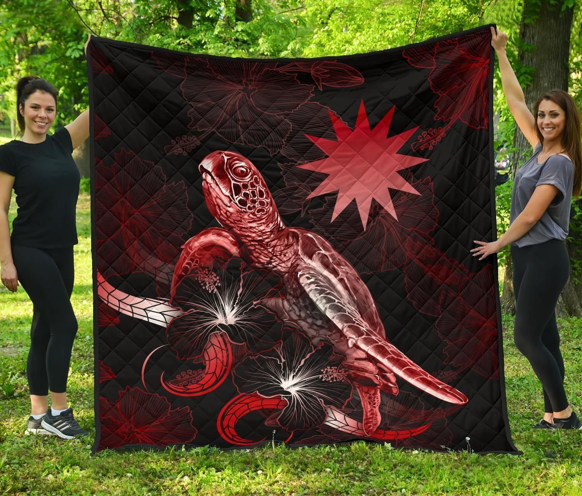 Nauru Polynesian Premium Quilt - Turtle With Blooming Hibiscus Red