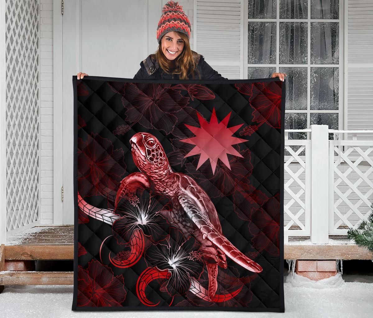 Nauru Polynesian Premium Quilt - Turtle With Blooming Hibiscus Red