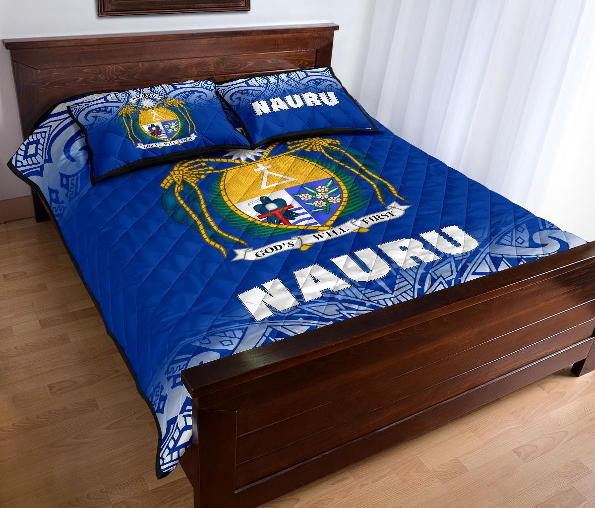 Nauru Quilt Bed Set - Nauru Coat Of Arms Polynesian Tattoo Blue Fog Style