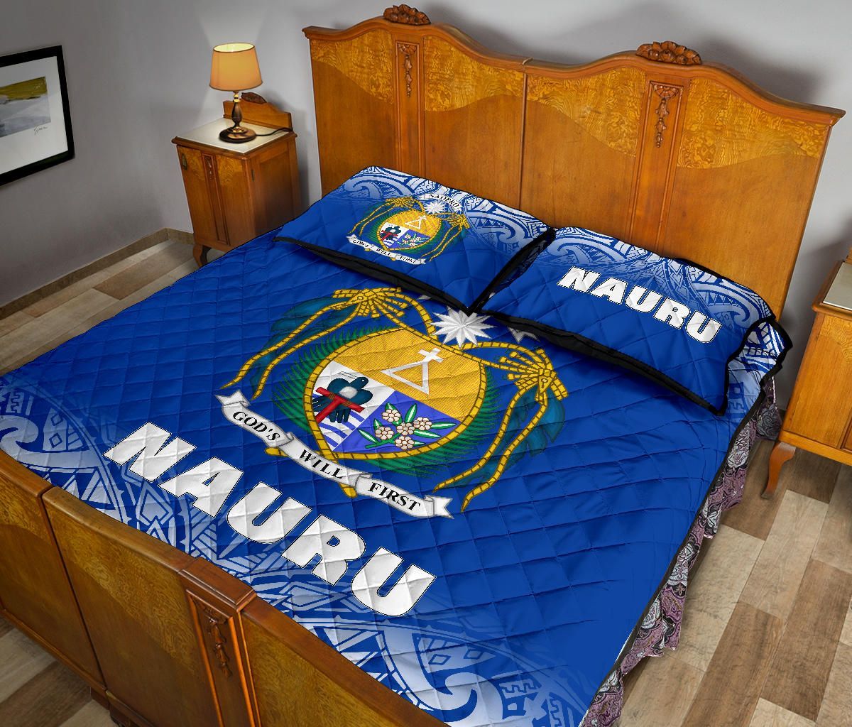 Nauru Quilt Bed Set - Nauru Coat Of Arms Polynesian Tattoo Blue Fog Style