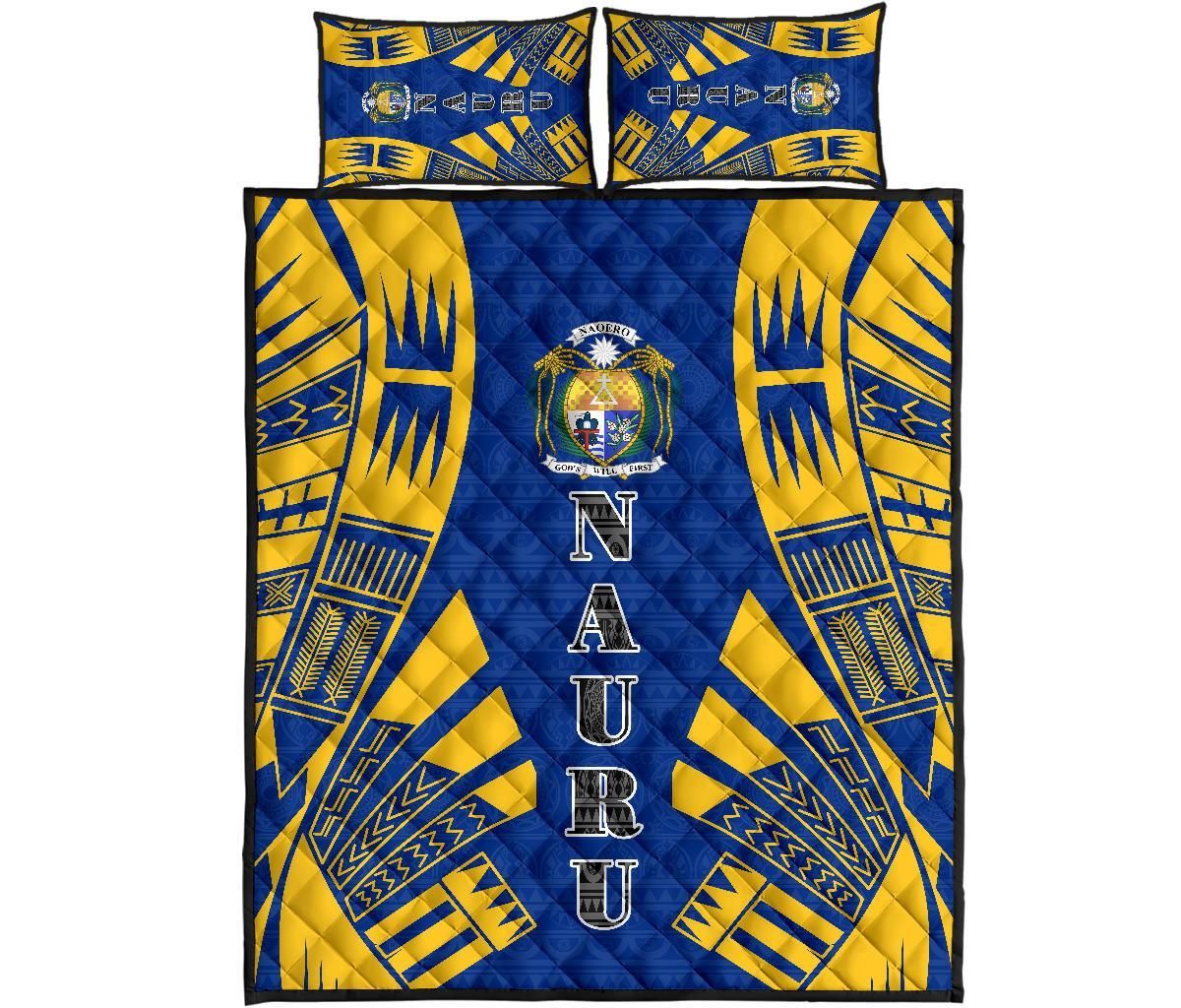 Nauru Quilt Bed Set - Nauru Coat Of Arms & Polynesian Yellow Tattoo Style
