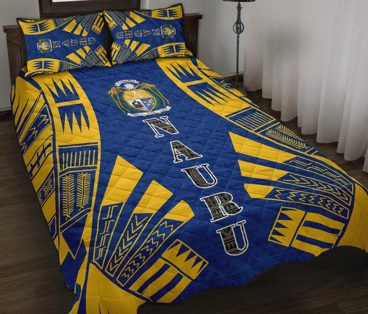 Nauru Quilt Bed Set - Nauru Coat Of Arms & Polynesian Yellow Tattoo Style