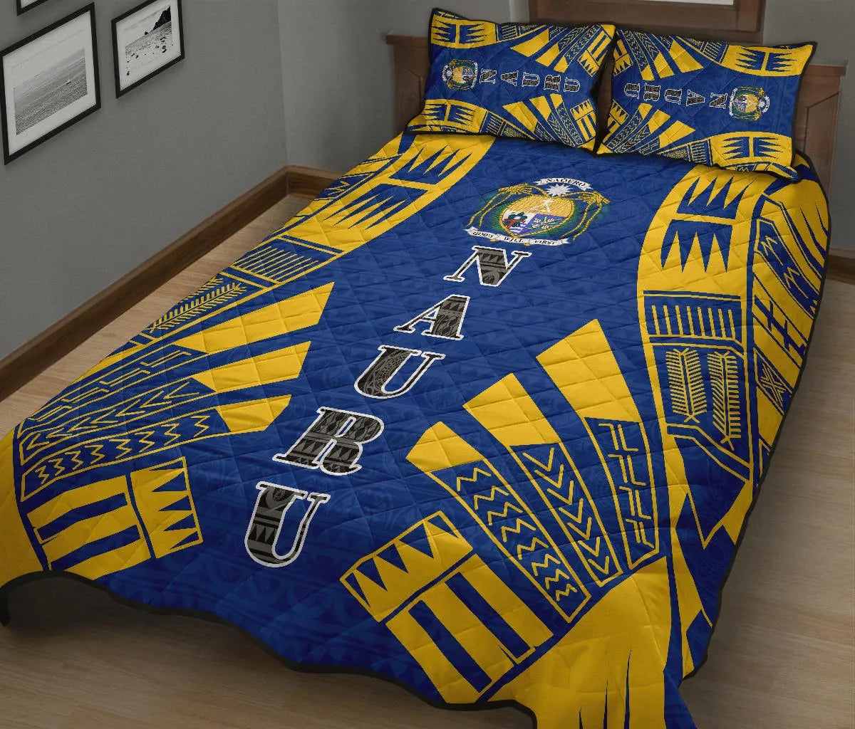 Nauru Quilt Bed Set - Nauru Coat Of Arms & Polynesian Yellow Tattoo Style