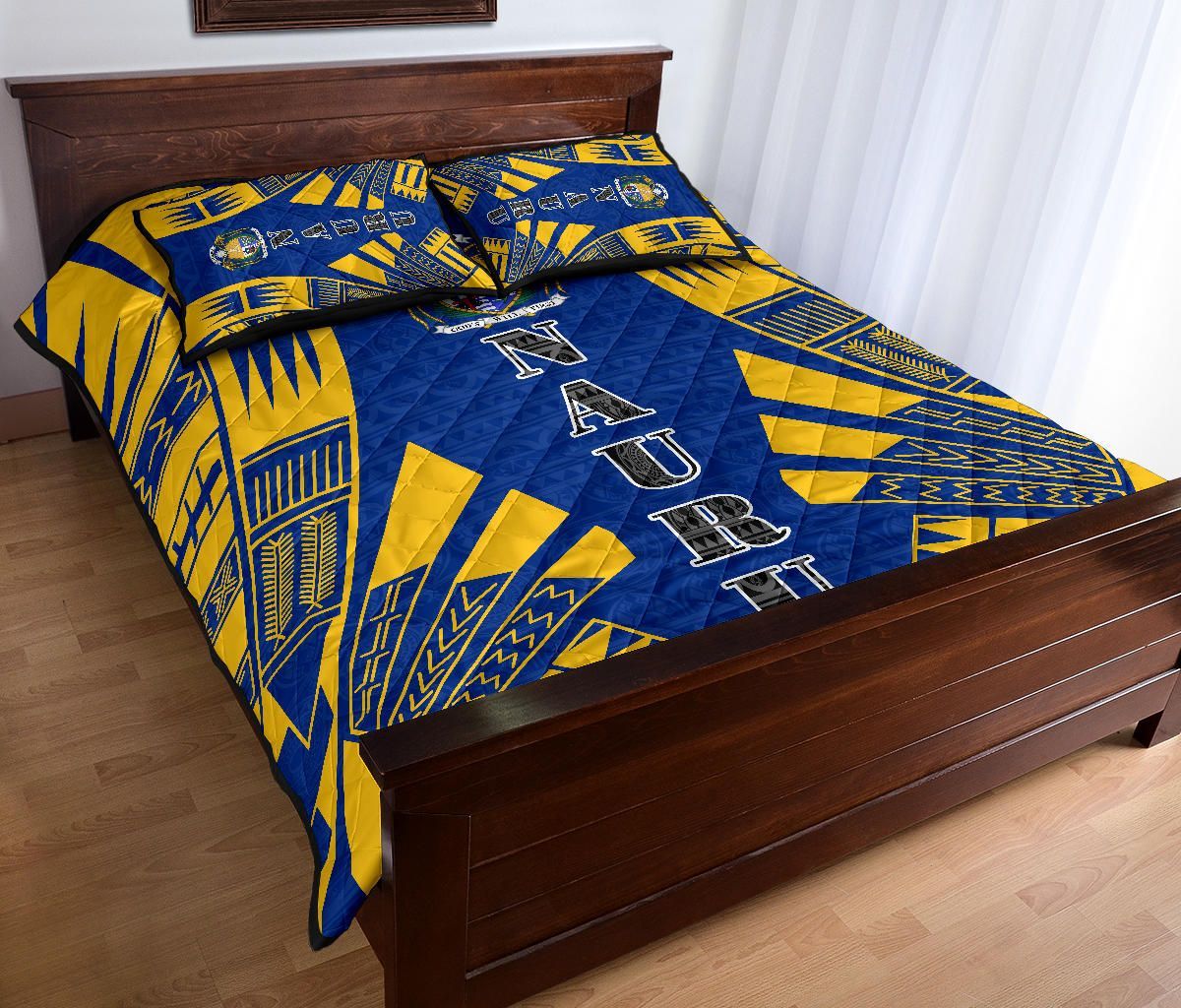 Nauru Quilt Bed Set - Nauru Coat Of Arms & Polynesian Yellow Tattoo Style