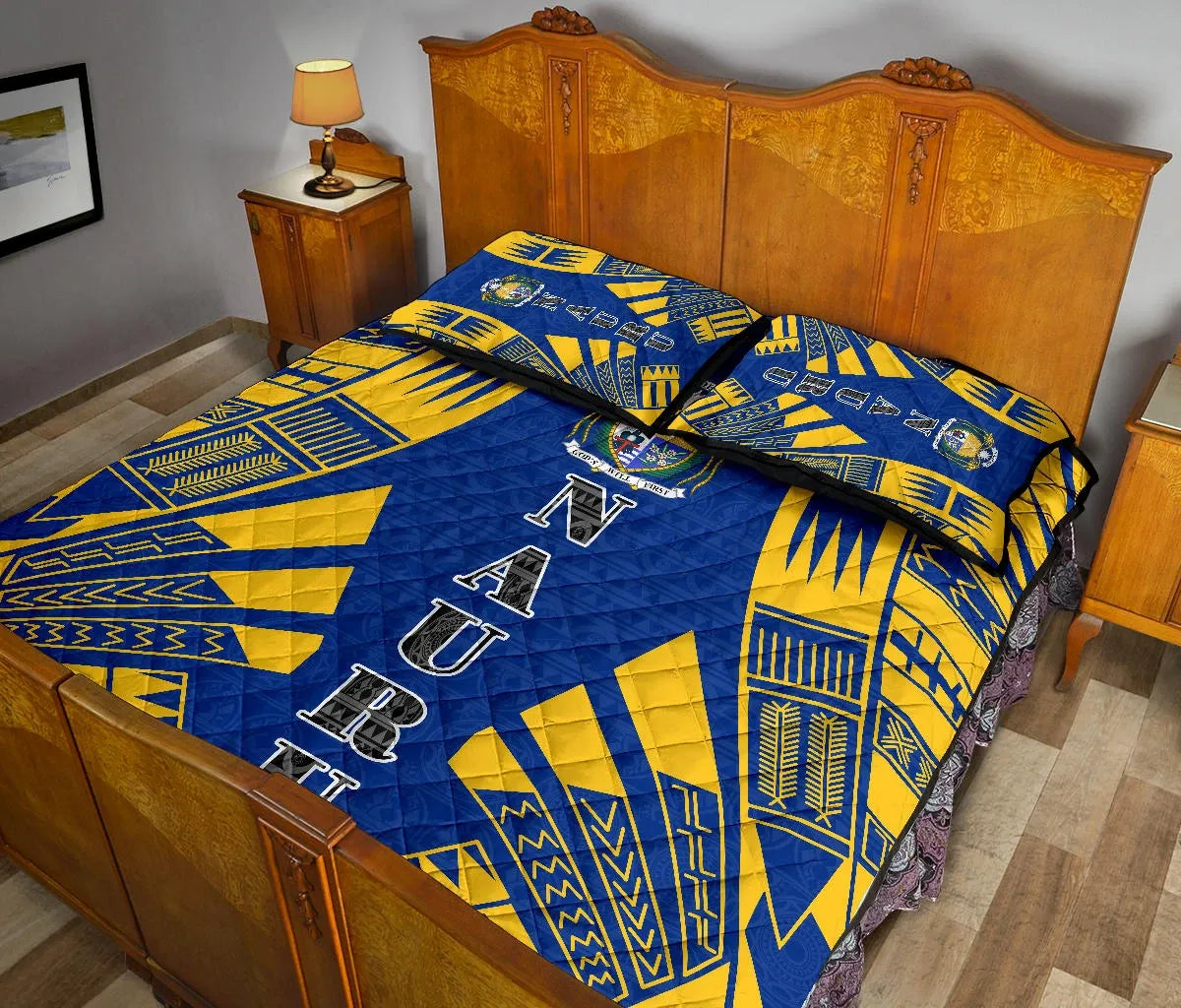 Nauru Quilt Bed Set - Nauru Coat Of Arms & Polynesian Yellow Tattoo Style
