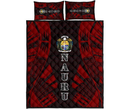 Nauru Quilt Bed Set - Nauru Coat Of Arms & Polynesian Red Tattoo Style