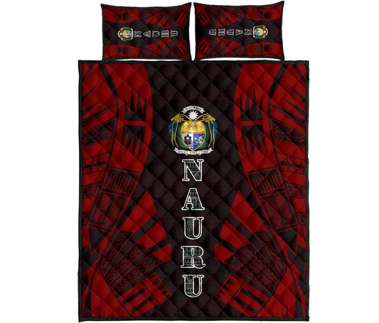Nauru Quilt Bed Set - Nauru Coat Of Arms & Polynesian Red Tattoo Style