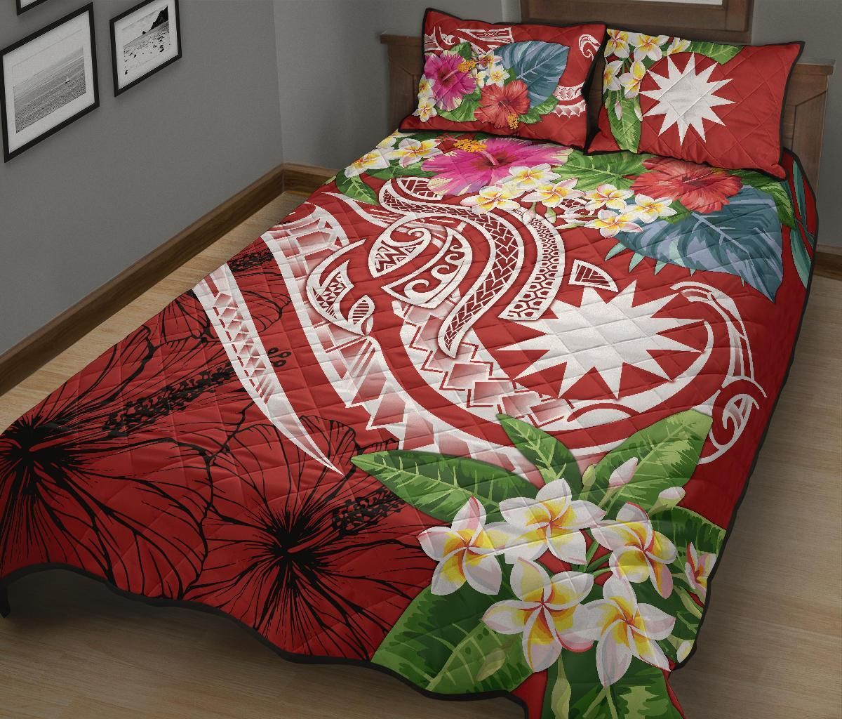 Nauru Polynesian Quilt Bed Set - Summer Plumeria (Red)