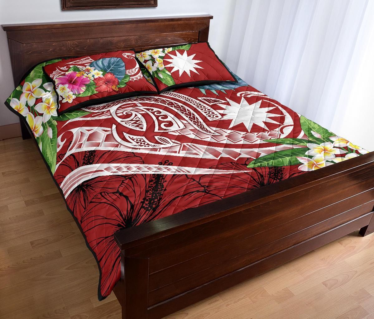 Nauru Polynesian Quilt Bed Set - Summer Plumeria (Red)