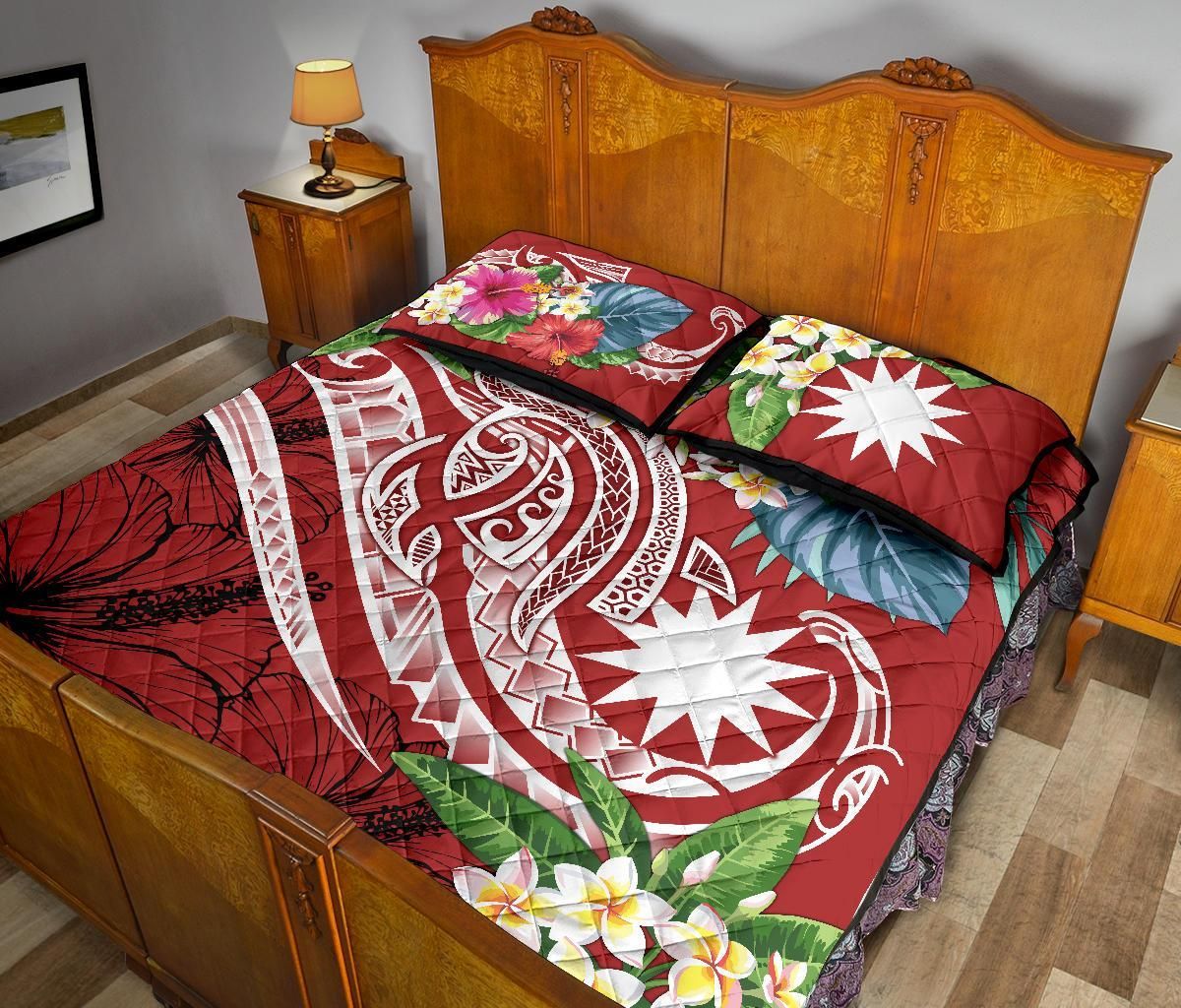 Nauru Polynesian Quilt Bed Set - Summer Plumeria (Red)